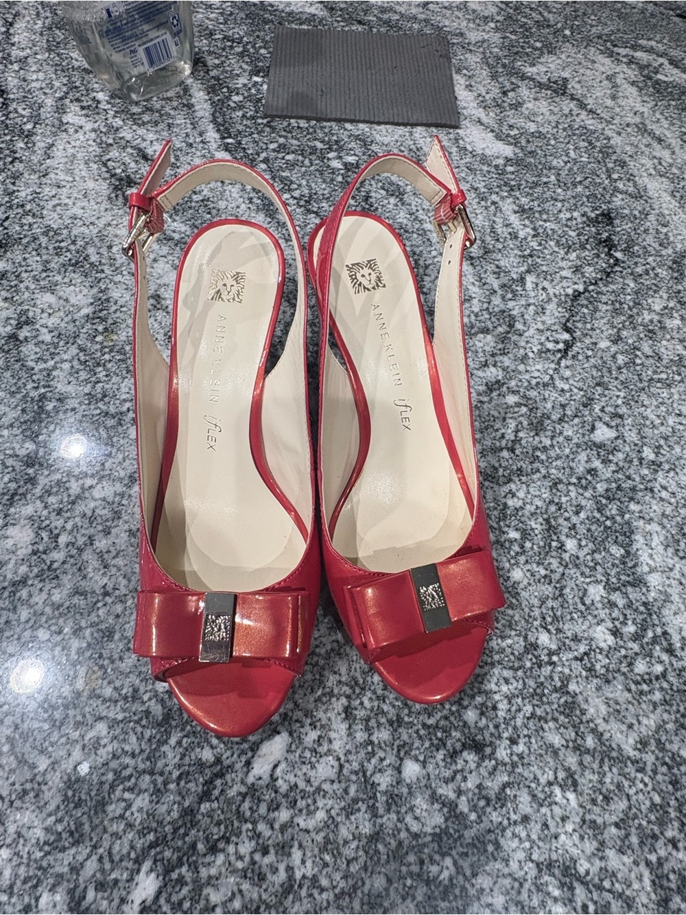 Anne Klein Red Peep-Toe Slingback Heels with Bow and Metallic Accent